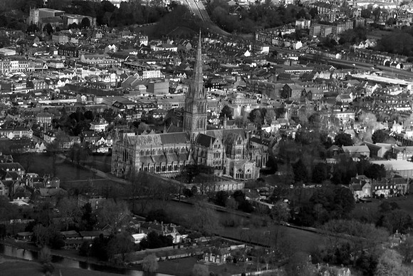 Salisbury Cathedral and Close.  Looking NE towards Bishopdown. (B&W)