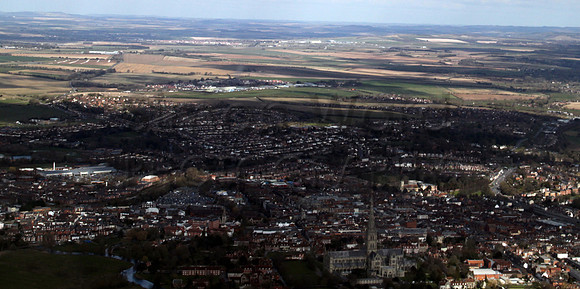 Salisbury with the Cathedral in the foreground. Old Sarum and High Post in distance.