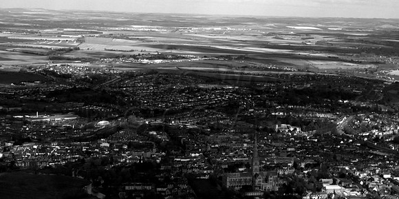 Salisbury with the Cathedral in the foreground. Old Sarum and High Post in distance. (B&W)