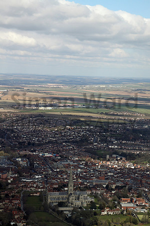 Salisbury looking north with the Cathedral in the foreground. Old Sarum and High Post in distance.