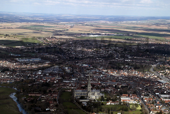 Salisbury looking north with the Cathedral in the foreground.Old Sarum and High Post in distance.