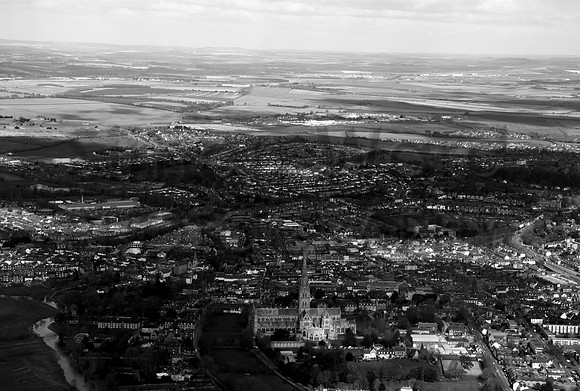 Salisbury looking north with the Cathedral in the foreground.Old Sarum and High Post in distance.