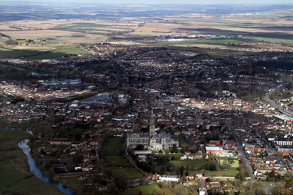 Salisbury looking north with the Cathedral in the foreground.Old Sarum and High Post in distance.