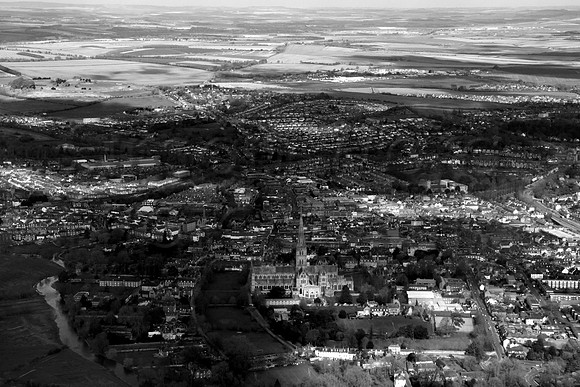 Salisbury looking north with Cathedral in the foreground.Old Sarum & High Post in distance. (B&W)
