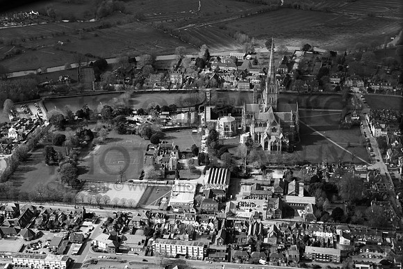 Salisbury Cath looking West with Friary in foreground & Bishops Wordsworth Sch & Cathedral Sch. B&W