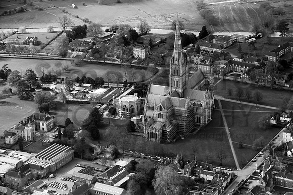 Salisbury Cathedral and Close looking south-west. B&W