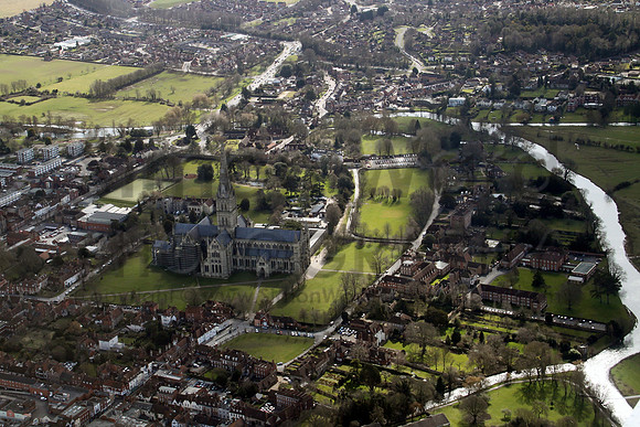Salisbury Cathedral and close looking south with River Avon on the right.